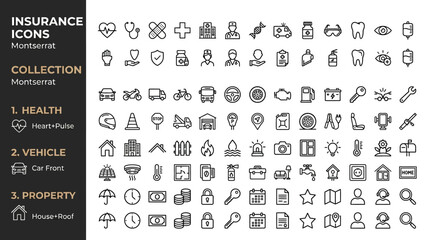 Minimalist insurance icons collection, health vehicle and property line icon set, black outline vector symbols for medical car and home coverage © SiyamolHasan