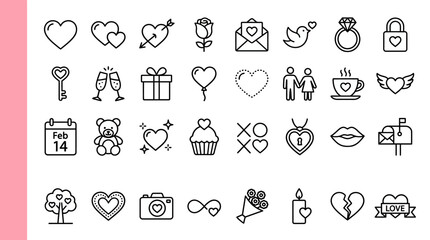 Fototapeta premium Valentine's Day line icons set, romantic wedding symbols and love heart vector elements, 32 black outline icons for marriage and dating