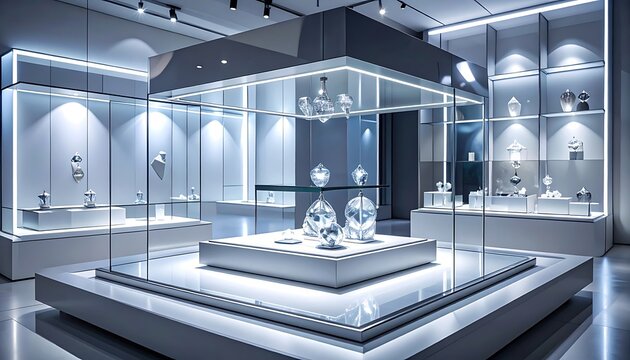 Luxury jewelry display case museum exhibit.