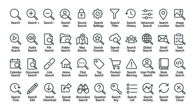 Minimalist search icon set, 40 line style magnifying glass icons for web and app interfaces, black outline search engine optimization vector collection