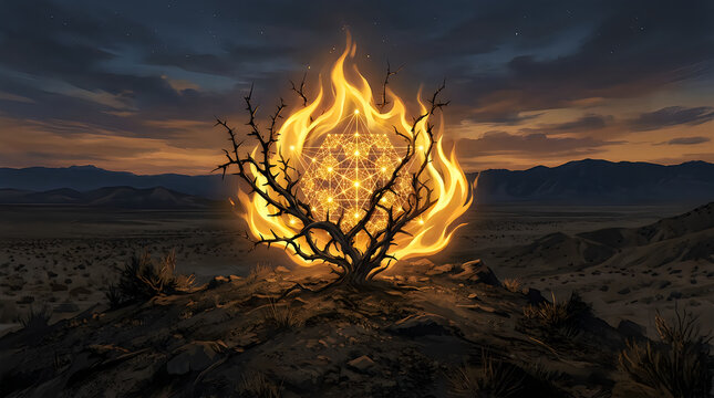 Dramatic desert landscape, burning tree, fiery flames, dark cloudy sky