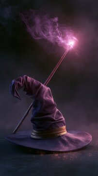 A purple witch hat with a glowing magic wand. Fantasy wizard concept.