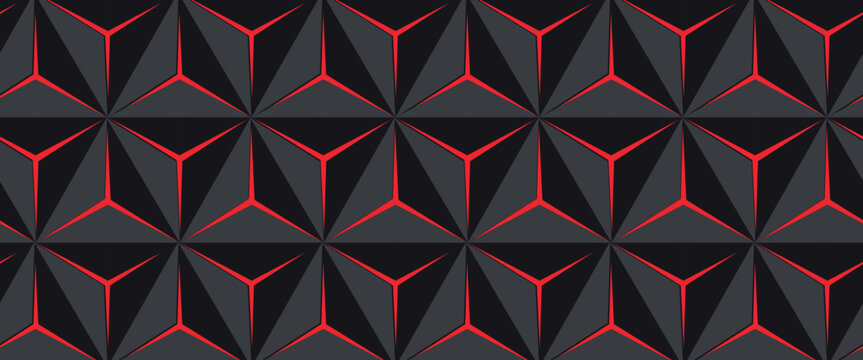 Dark hexagon abstract technology background with bright red flashes below the hexagon. Vector hexagon abstract technology background.