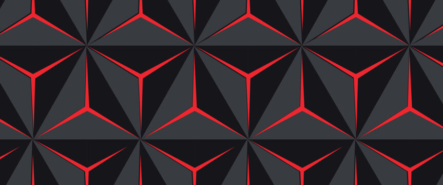 Dark hexagon abstract technology background with bright red flashes below the hexagon. Vector hexagon abstract technology background.