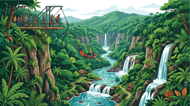 Tourists standing on a wooden jungle lookout platform overlooking a tropical waterfall valley.