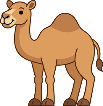 A cute camel stands smiling in the desert landscape illustration