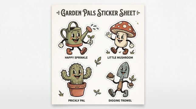 Retro 1930s rubber hose style garden pals sticker sheet with watering can and cactus character illustrations