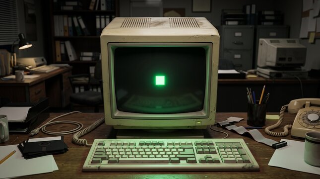 Vintage Retro Computer with CRT Monitor and Keyboard in a 1980s Office Setting