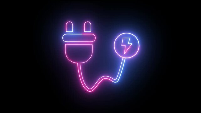 Neon power icon animation in black in black background. Neon animation on power icon.