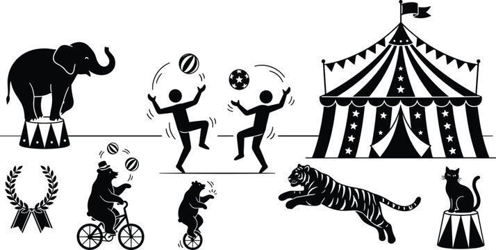 Circus carnival stick figure and trained animal icons set, big top tent, acrobat performers, elephant, tiger, and bear vector illustration