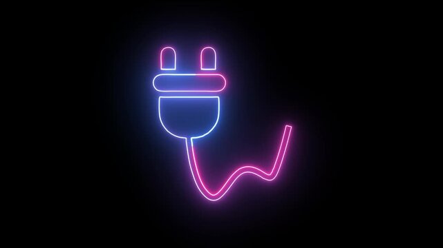 Glowing neon electric plug icon animation on a black background representing power supply, electricity, charging, energy, and electrical connectivity. Modern futuristic motion graphic.