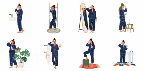 Obraz premium Collection of illustrations showing a woman in starry blue pajamas performing her daily skincare routine using cotton pads and various beauty products.