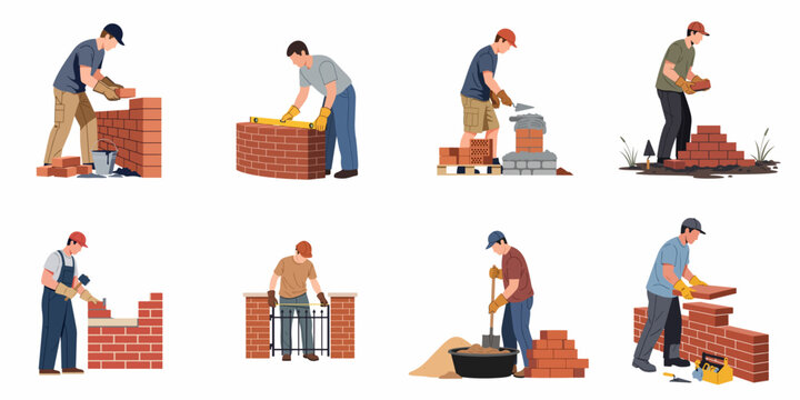 A comprehensive set of professional bricklayers and masons performing various construction tasks such as laying bricks, measuring, and mixing mortar, isolated on white.