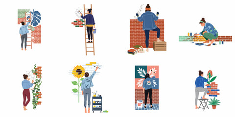 Fototapeta premium Set of flat vector illustrations featuring a female artist painting various botanical and floral murals on brick walls.