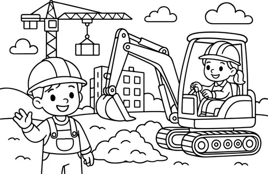 Obra en construcci&oacute;n, ilustraci&oacute;n vectorial dibujada a mano para colorear para ni&ntilde;os, arte lineal
