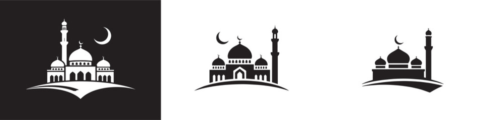 Fototapeta premium Mosque vector icon set with minaret and crescent moon for Islamic holidays and religious design