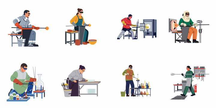 Set of Flat Vector Illustrations Depicting Professional Glassblowers Working in a Studio with Specialized Tools and Furnaces