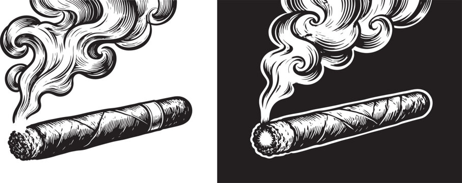 Vintage woodcut style illustration of a burning cigar with smoke in black and white versions for graphic design