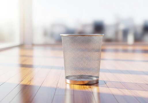 A minimalist silver metal wire mesh waste basket stands empty on a polished wooden floor in a bright, modern office with soft sunlight, sanitation, interior, object