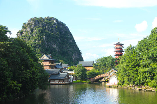 Chinese Pagoda Nestled in Diecai Hill in Guilin, China