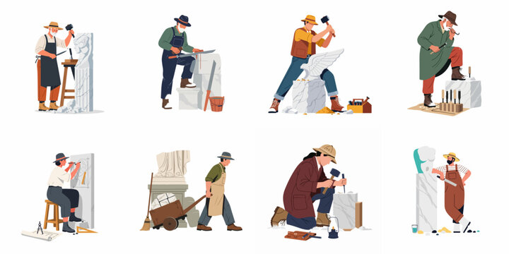 Collection of diverse sculptors and stone carvers working on various marble statues and stone carvings with traditional tools, isolated on white background.