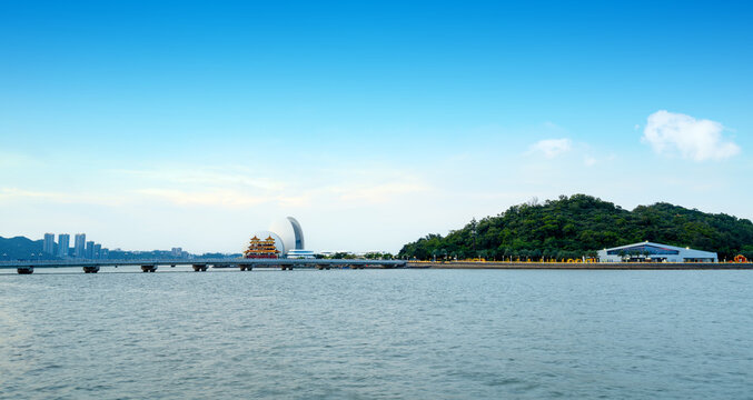 The twilight over the coastal city, though in Zhuhai, Guangdong, China.