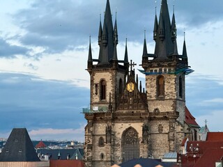 Fototapeta premium The spires of Tyn Church at Old Town Square, Stare Mesto, Prague, Czechia.