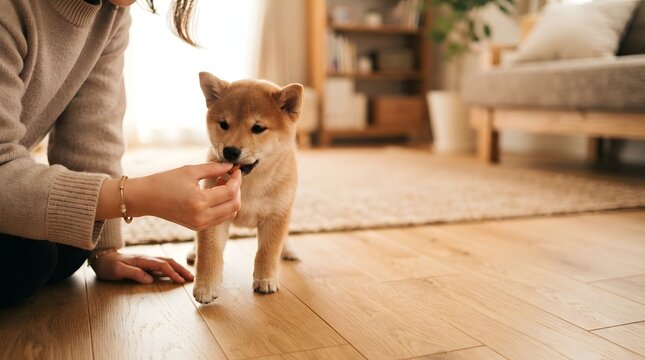 柴犬の子犬におやつをあげる女性