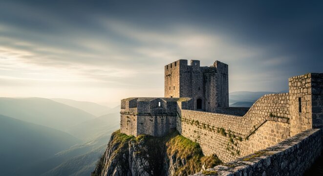 Ancient stone bastion overlooking a vast valley under a cloudy sky. The weathered fortress walls stand tall, showcasing historical defense, rock, ramparts, clouds