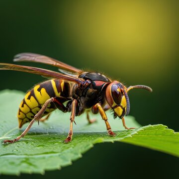 Close-up macro photograph of a hornet resting on a leaf, featuring its vibrant yellow stripes, translucent wings, and large compound eyes, dangerous, pest, thorax