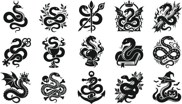 Spooky halloween vector bundle black white snake and dragon illustrations for creepy designs