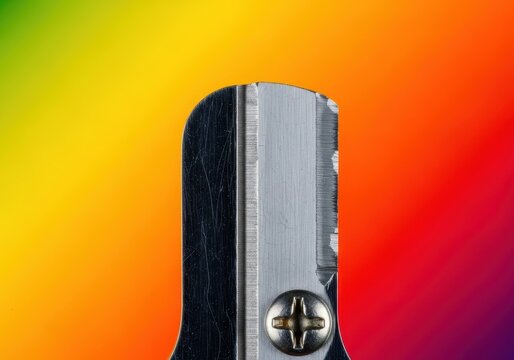 Extreme close-up of a tiny metal blade used for shaving wood pencils, highlighting the dangerous sharp edge and reflective metallic surface, focus, dangerous, edge