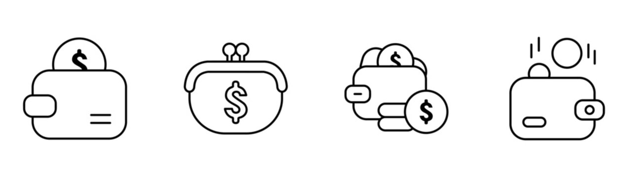 Coin wallet line outline icon set collection featuring dollar sign, loose change, spilling coins, fallen coins, savings currency vector illustration