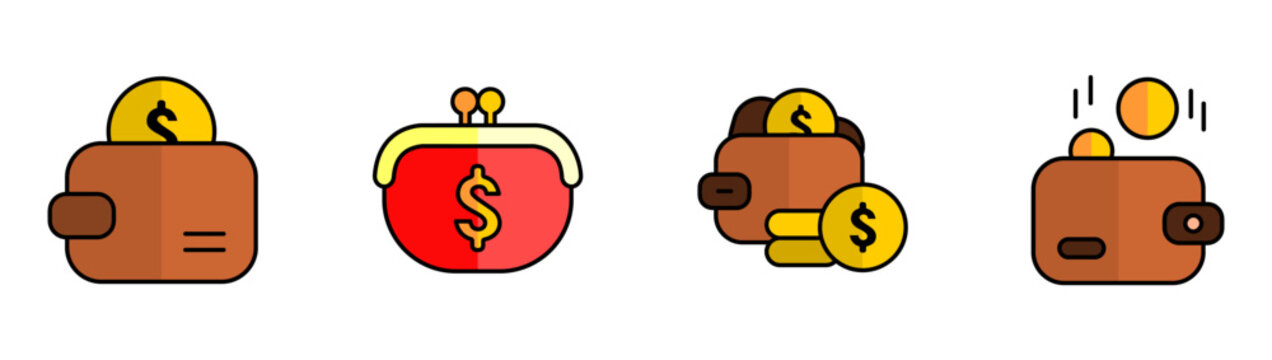 Budget wallet coin icon set collection featuring dollar sign, loose change, coin spill, fallen coins, pocket money, spending vector illustration