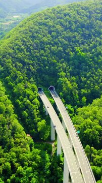 Vertical video. Italy, Province of La Spezia, A12. Twin viaducts carrying the E80 through dense green mountain forest, Drone footage of vehicles entering tunnel portals under bright summer light. Dro