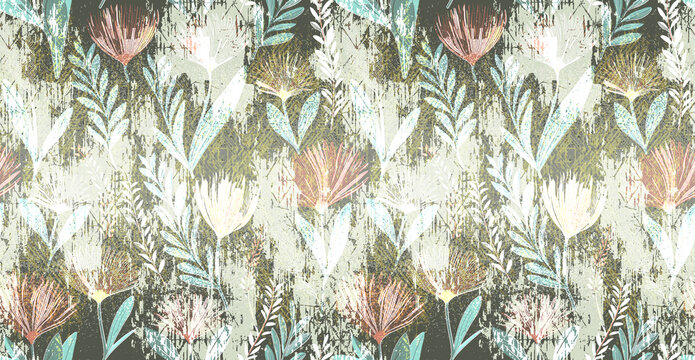 Abstract floral and leaf design in celadon and khaki tones.