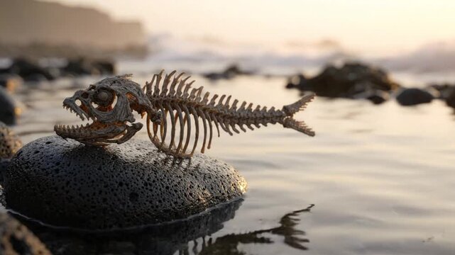 Skeleton fish on a rock by the sea. Marine remains resting on the shore at sunset golden hour.