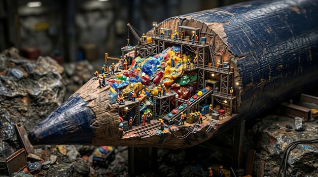 Miniature scene of workers mining a giant colored pencil for graphite