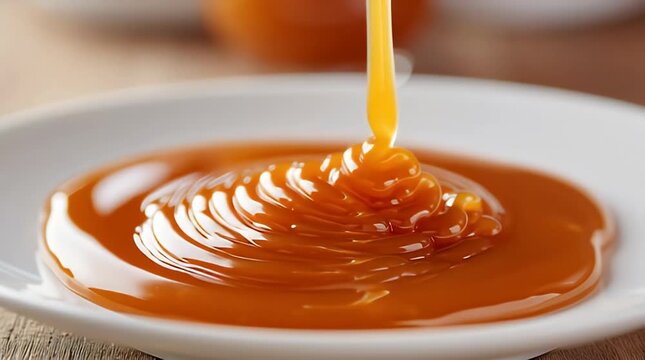 Liquid caramel pouring and swirling on white plate in a macro cinematic slow motion shot for gourmet food marketing