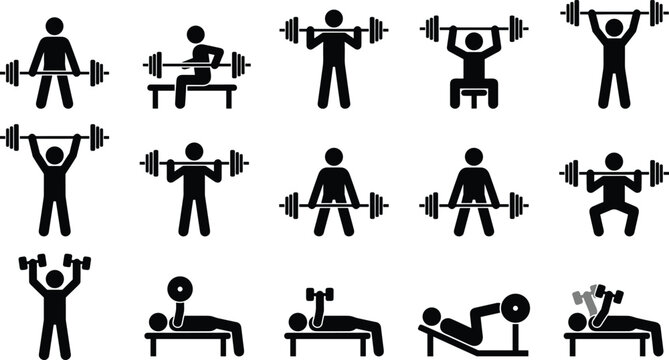 Gym fitness weightlifting stick figure icons set with barbell bench press bodybuilding squat workout strength vector illustration