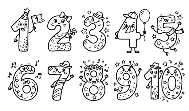 Cute funny number characters coloring page vector illustration for kids with smiling cartoon numbers isolated on white background