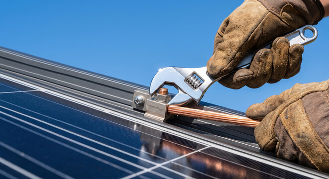 Hands in work gloves using adjustable wrench to secure ground wire on solar panel.