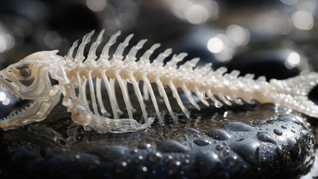 Skeleton fish on wet black stones. Macro shot of a dried fish bone structure on a dark background.