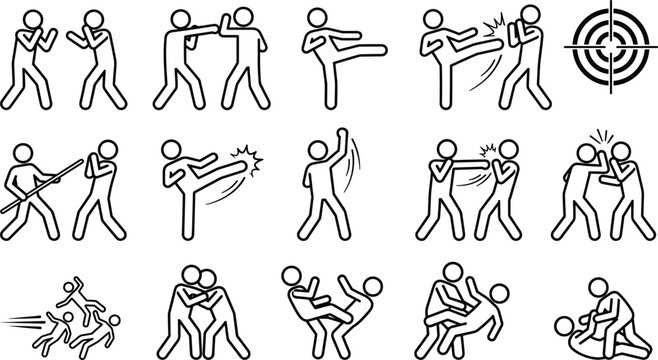 Martial arts and combat sports stick figure icons set with boxing karate punch kick wrestling defense line art vector illustration