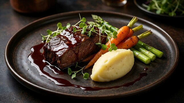 Gourmet beef steak with red wine sauce, roasted carrots, asparagus and potato puree on black plate. braised brisket