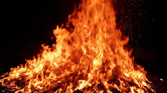 Intense Fire Flames Burning Brightly in Darkness.