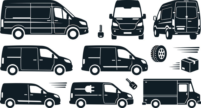 Commercial Cargo Van Silhouette Vector Set Featuring Electric Delivery Vehicles Step Van Car Key Tire and Shipping Box Logistics Graphic Elements