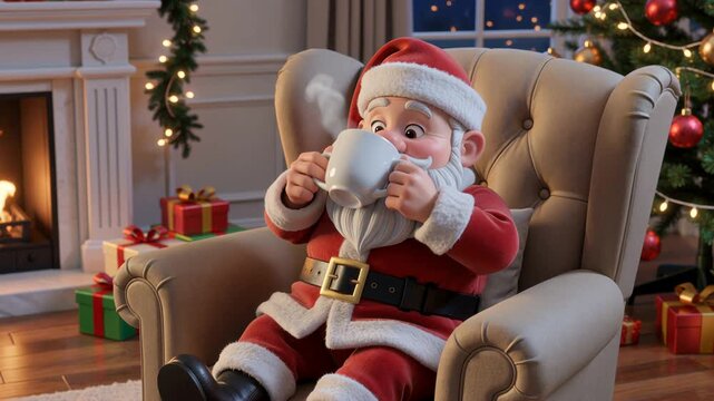 Santa claus sitting in armchair and drinking hot drink. Animation of joyful Saint Nicholas with mug by fire during Christmas in holiday decorated living room