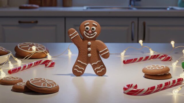 Cute gingerbread man dancing on kitchen counter with holiday sweet for Christmas. Animation of biscuit character moving in festive kitchen with candy cane light