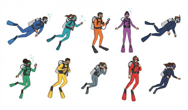 Underwater diving activity character collection isolated on white background flat vector illustration